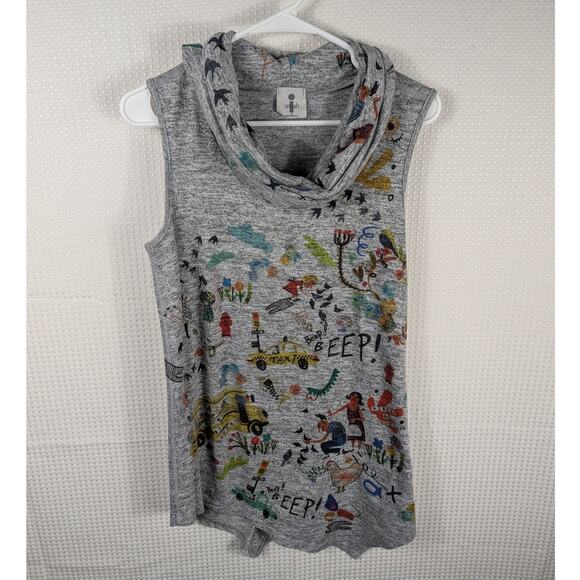 Inoah Womens Medium Gray Sleeveless Cowl Neck Artsy Graphic Print Tunic Top USA - Picture 1 of 5